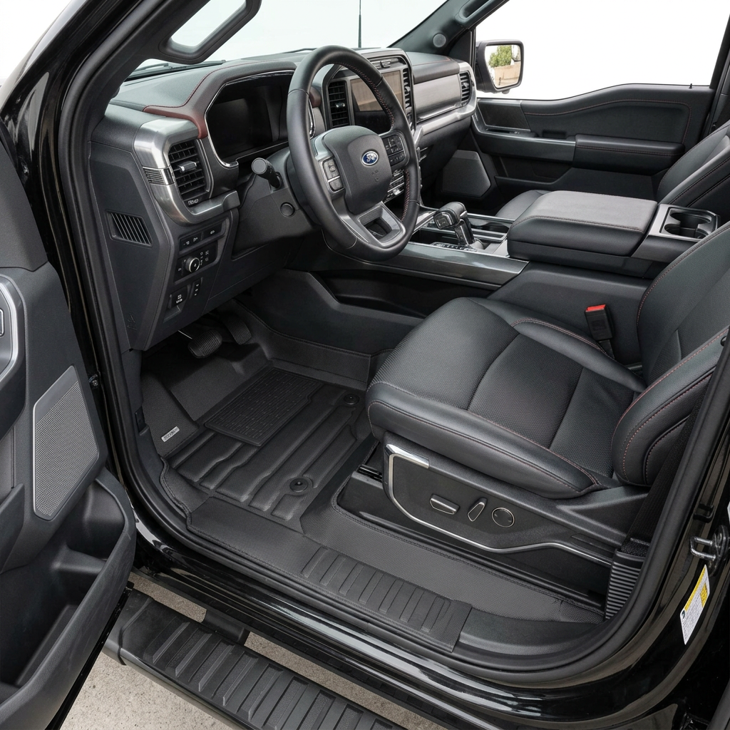 TuxMat custom-fit floor liner installed in Ford F-150 SuperCrew showing wall-to-wall edge-to-edge coverage