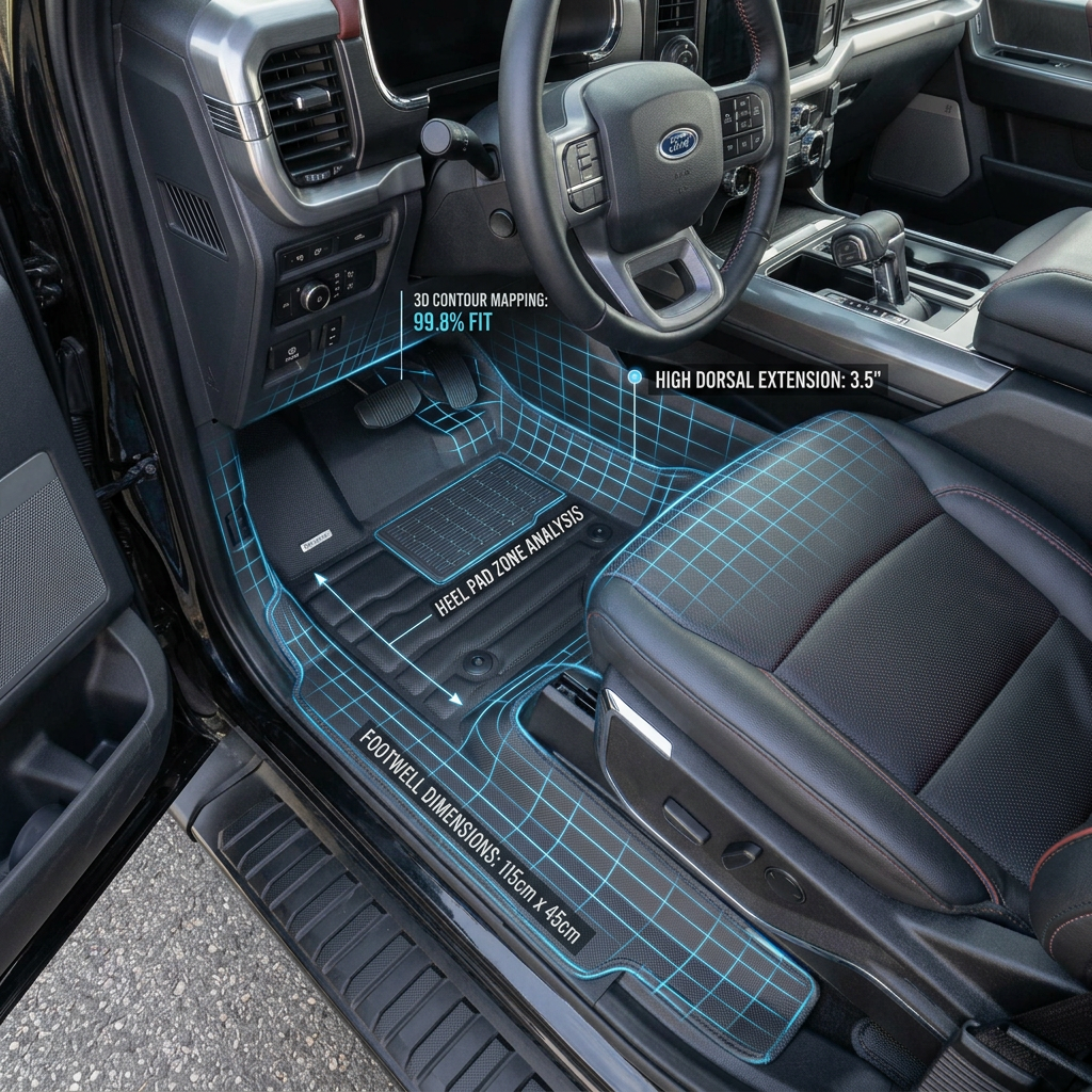 TuxMat floor liner with 3D contour mapping overlay showing precision fit in Ford F-150 footwell