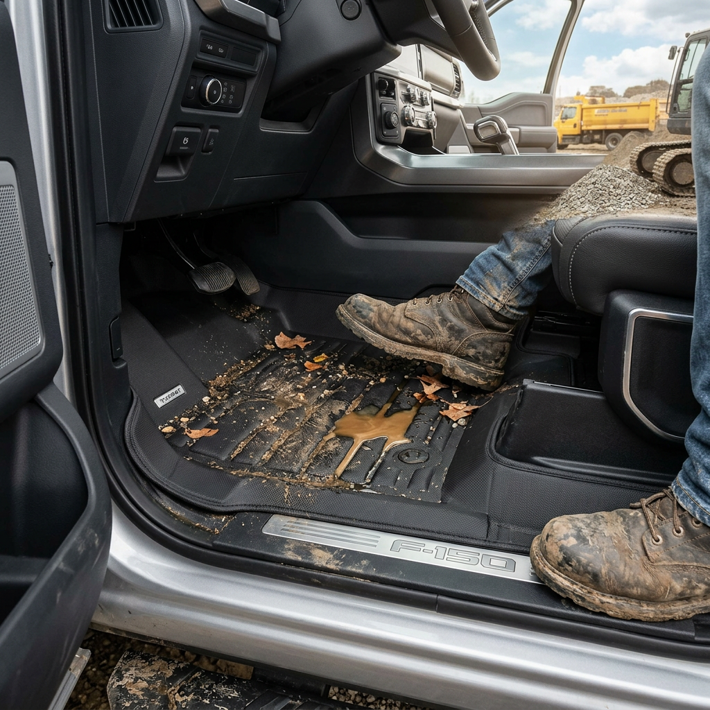 Muddy work boots on TuxMat floor liner in Ford F-150 with debris contained in raised edges